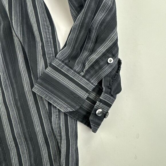 Van Heusen Shirt Men Medium Striped Casual Button Up Black Grey Work Travel GUC - Picture 4 of 8